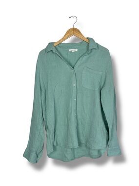 Beachlunchlounge Button Down Shirt Womens XL Aqua Cotton Gauze Muslin Resort